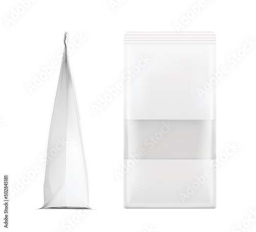 Stand bag with transparent window mockup on white background. Make realistic shot of your product. Vector illustration. EPS10.