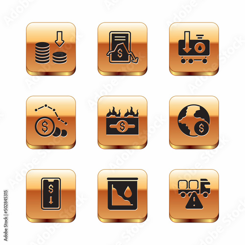 Set Dollar rate decrease, Mobile stock trading, Drop crude oil price, Burning dollar bill, Stop delivery cargo truck and icon. Vector