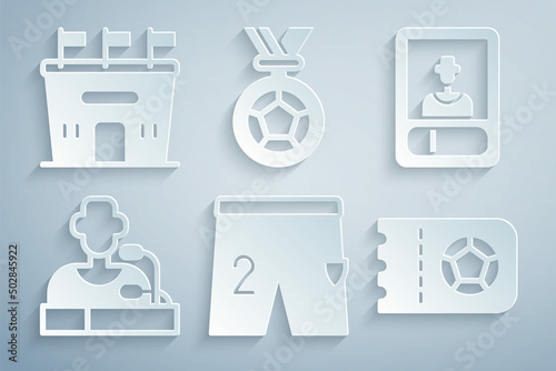 Set Shorts for playing football, Football soccer card, player press conference, ticket, medal and stadium icon. Vector