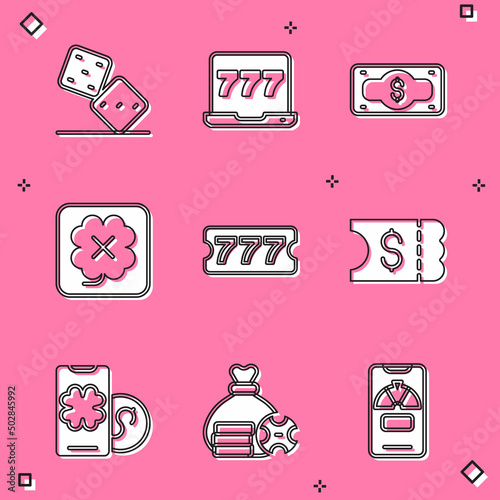 Set Game dice, Laptop and slot machine, Stacks paper money cash, Casino, Lottery ticket, Online poker table game and Money bag icon. Vector