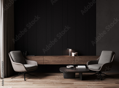 Modern luxury dark living room interior background with grey armchair and wooden chest drawer, dark room interior mock up, black empty wall mockup, vintage living room mockup, 3d rendering