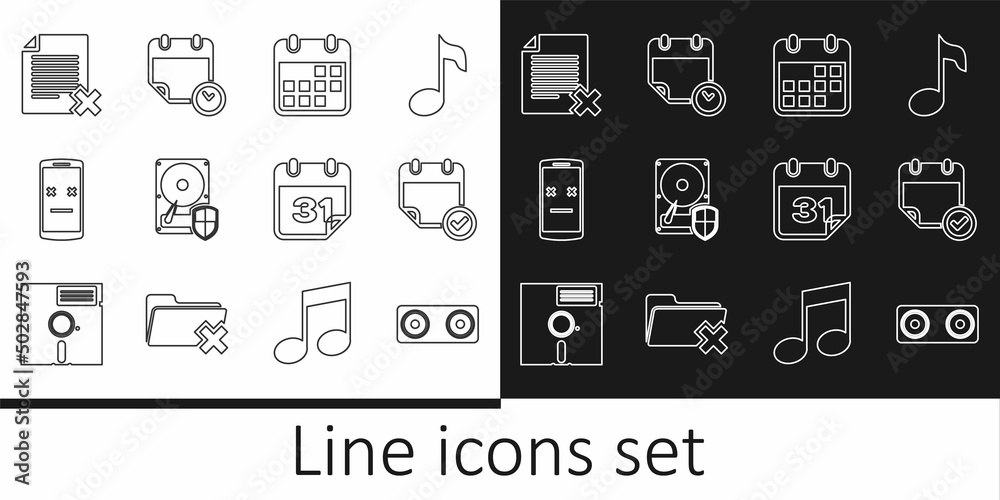 Set line Stereo speaker, Calendar with check mark, Hard disk drive HDD protection, Dead mobile, Delete file document, and and clock icon. Vector