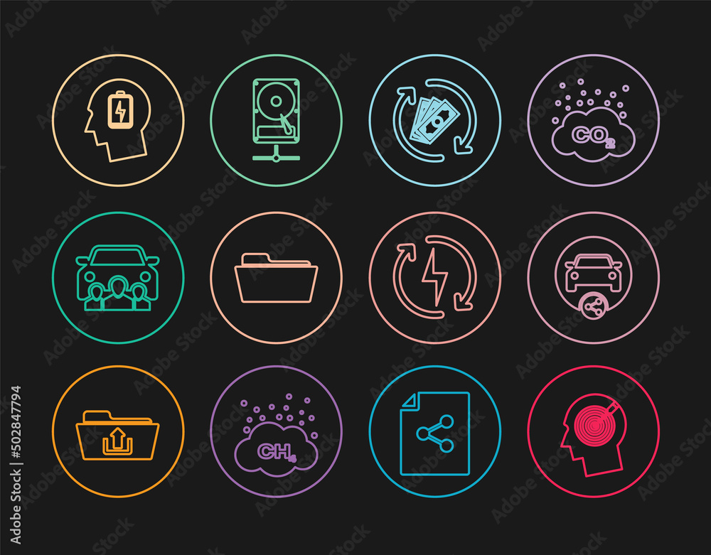 Set line Head hunting concept, Car sharing, Refund money, Folder, with low battery, Recharging and Hard disk drive network icon. Vector Set line Head hunting concept, Car sharing, Refund money, Folder, with low battery, Recharging and Hard disk drive network icon. Vector