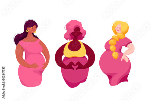 Set of beautiful multi-ethnic pregnant women.  Flat vector illustration of pregnancy, health care, happy motherhood isolated on white background. 