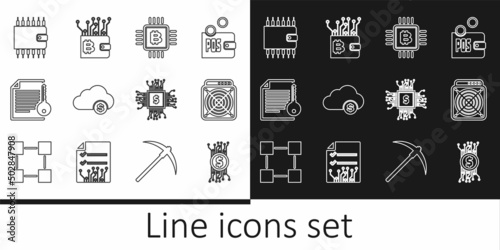 Set line Cryptocurrency bitcoin in circuit, ASIC Miner, CPU mining farm, cloud, Smart contract, wallet, Processor chip with dollar and icon. Vector