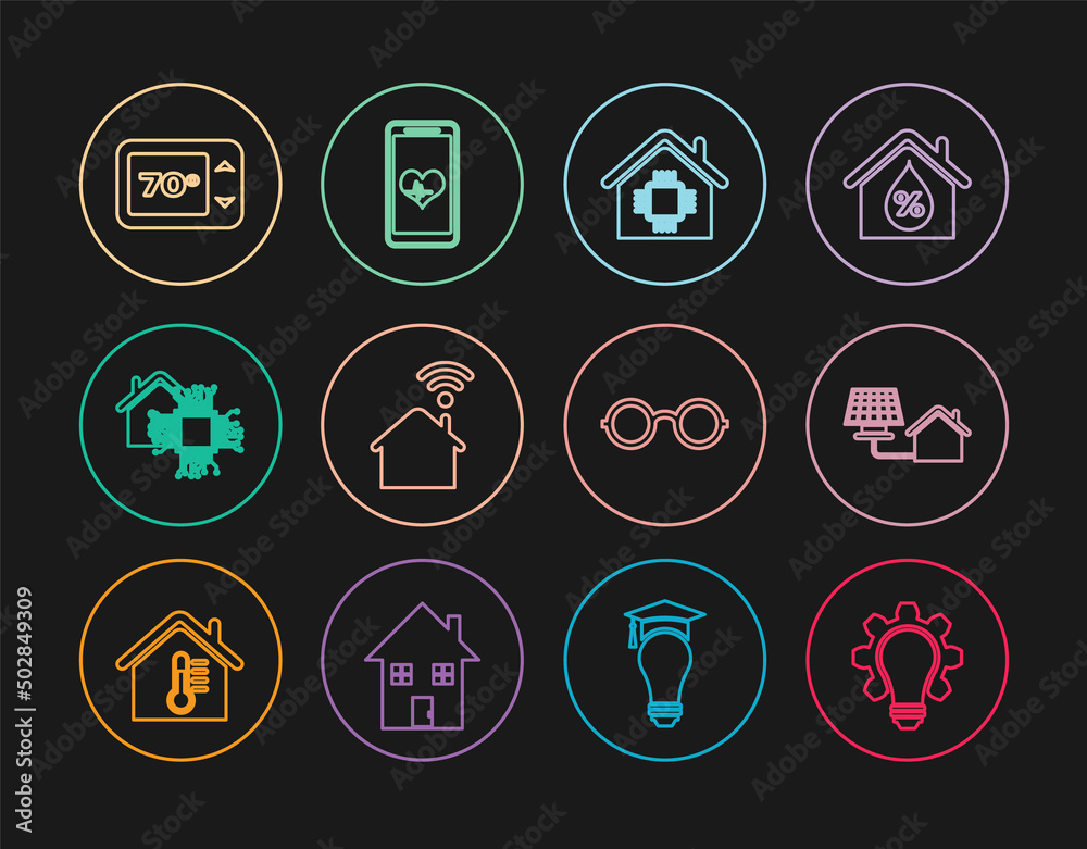Set line Light bulb and gear, House with solar panel, Smart home, wi-fi, Thermostat, Glasses and Mobile heart rate icon. Vector Set line Light bulb and gear, House with solar panel, Smart home, wi-fi, Thermostat, Glasses and Mobile heart rate icon. Vector