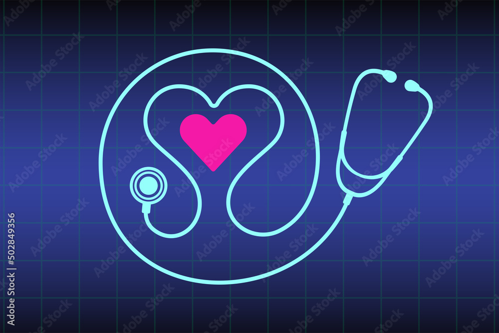 Heart shaped stethoscope icon vector on blue medical monitor background ...