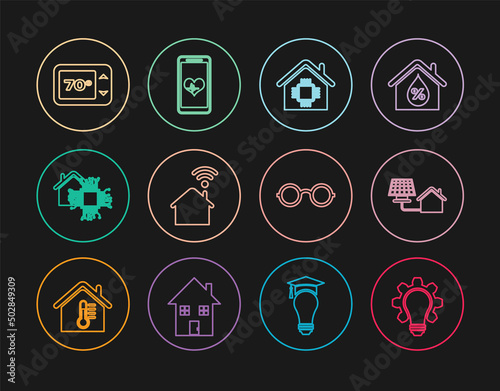 Set line Light bulb and gear, House with solar panel, Smart home, wi-fi, Thermostat, Glasses and Mobile heart rate icon. Vector