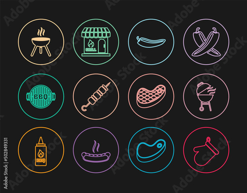 Set line Oven glove, Barbecue grill, Hot chili pepper pod, Grilled shish kebab, Steak meat and shopping building icon. Vector