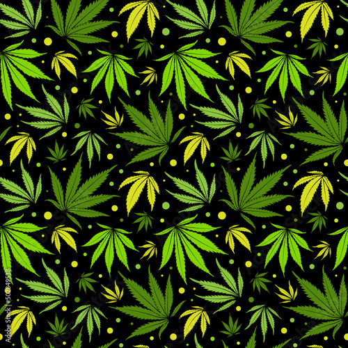 Cannabis seamless pattern vector. Marijuana green leaves wallpaper on a black background. 