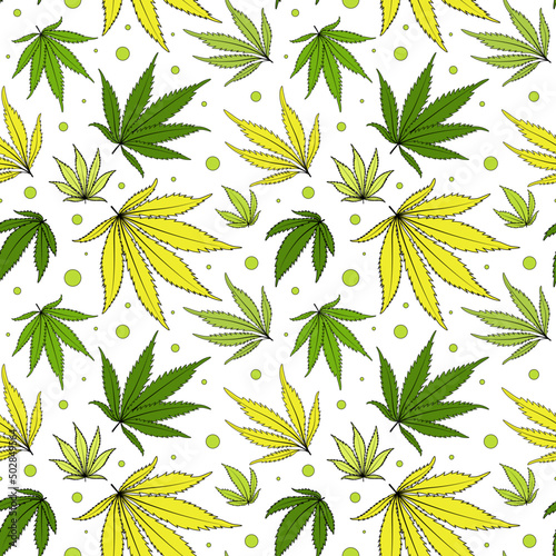 Cannabis leaves vector seamless pattern. Green weed digital paper on a transparent background.
