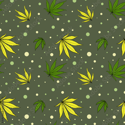 Ganja seamless pattern. Marijuanna leaves background. 