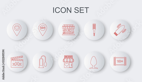 Set line Play Video with 18 plus, Movie clapper Sex, shop building, Anal plug, Location heart, Penis pump and icon. Vector