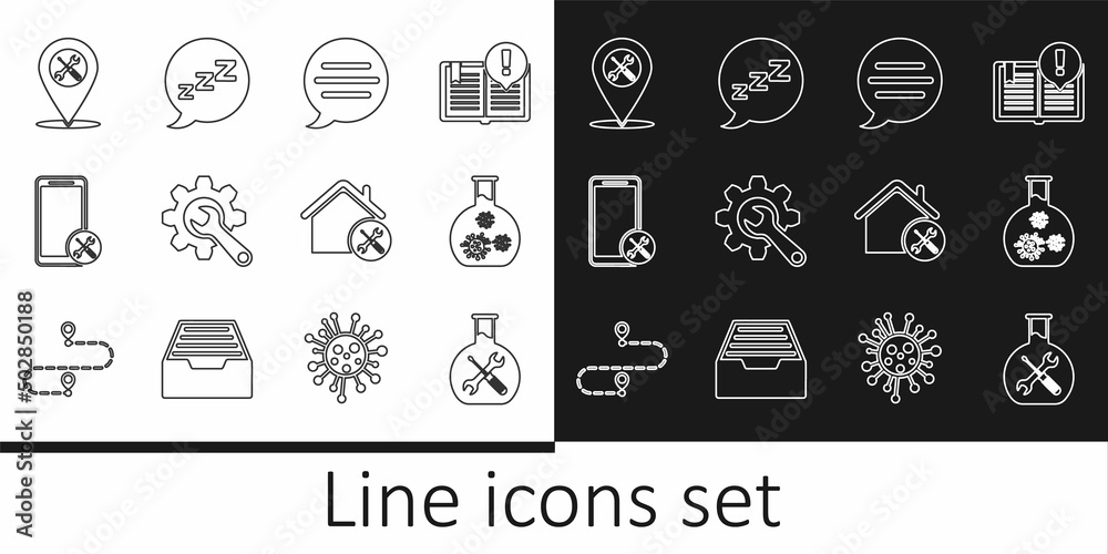 Set line Bioengineering service, Test tube with virus, Speech bubble chat, Wrench and gear, Mobile, Location, House and snoring icon. Vector