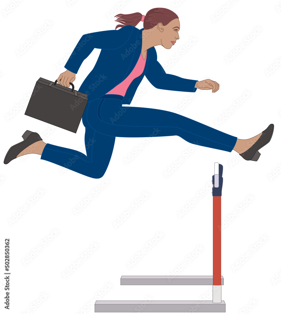 businesswoman jumping over hurdle isolated on white background