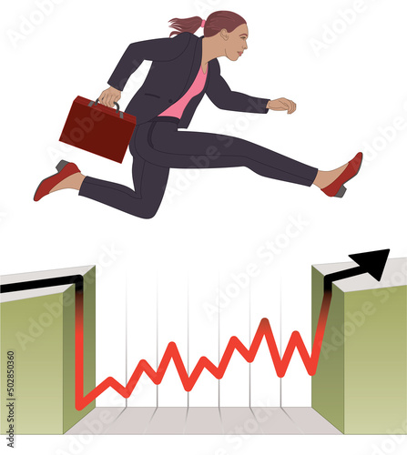 businesswoman jumping over a line graph showing loss in the red in canyon isolated on white background