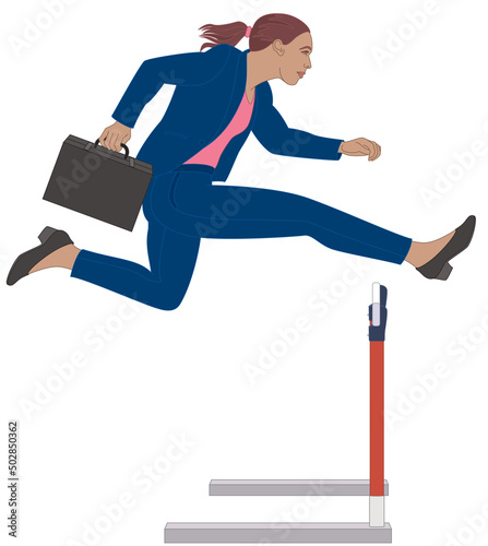 businesswoman jumping over hurdle isolated on white background