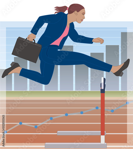 businesswoman jumping over hurdle on track with bar graph and line chart in background