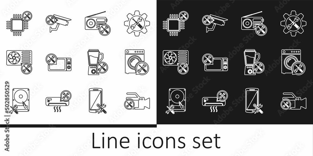Set line Video camera service, Washer, Radio, Microwave oven, Air conditioner, Processor, Blender and Security icon. Vector