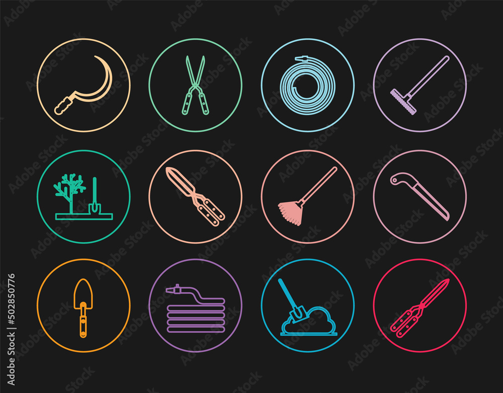 Set line Gardening handmade scissor, saw, hose fire hose, Planting tree the ground, Sickle, rake for leaves and icon. Vector Set line Gardening handmade scissor, saw, hose fire hose, Planting tree the ground, Sickle, rake for leaves and icon. Vector