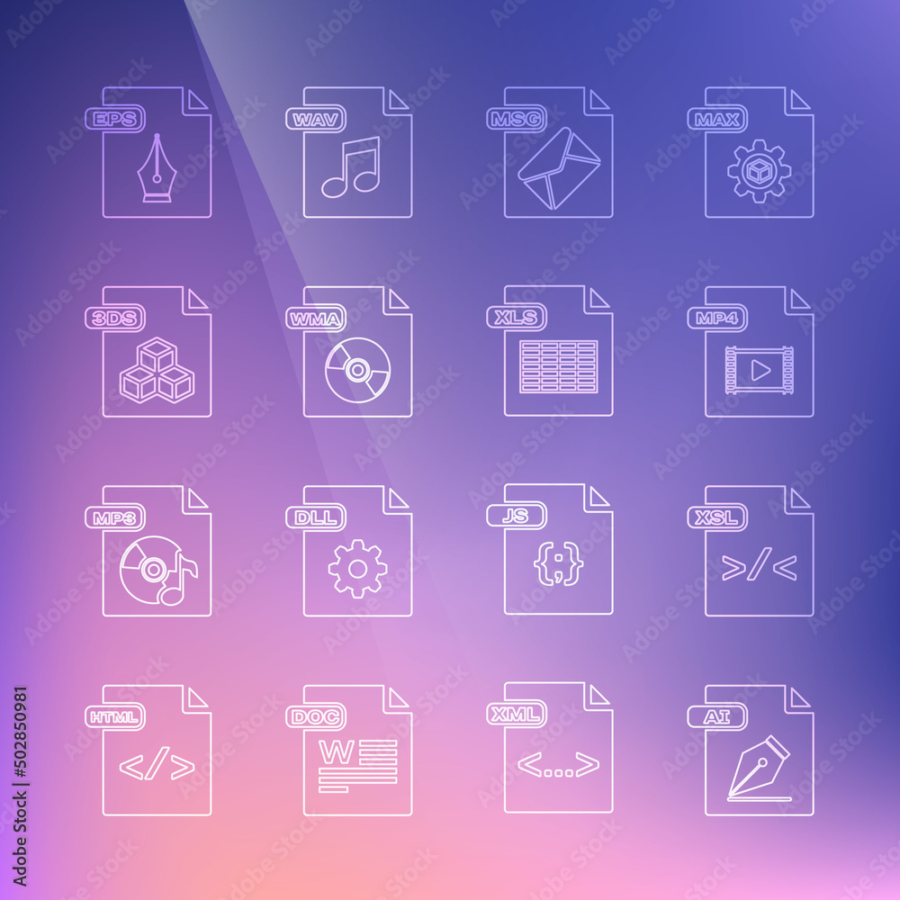 Set line AI file document, XSL, MP4, MSG, WMA, 3DS, EPS and XLS icon. Vector Set line AI file document, XSL, MP4, MSG, WMA, 3DS, EPS and XLS icon. Vector