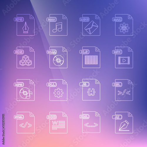 Set line AI file document, XSL, MP4, MSG, WMA, 3DS, EPS and XLS icon. Vector