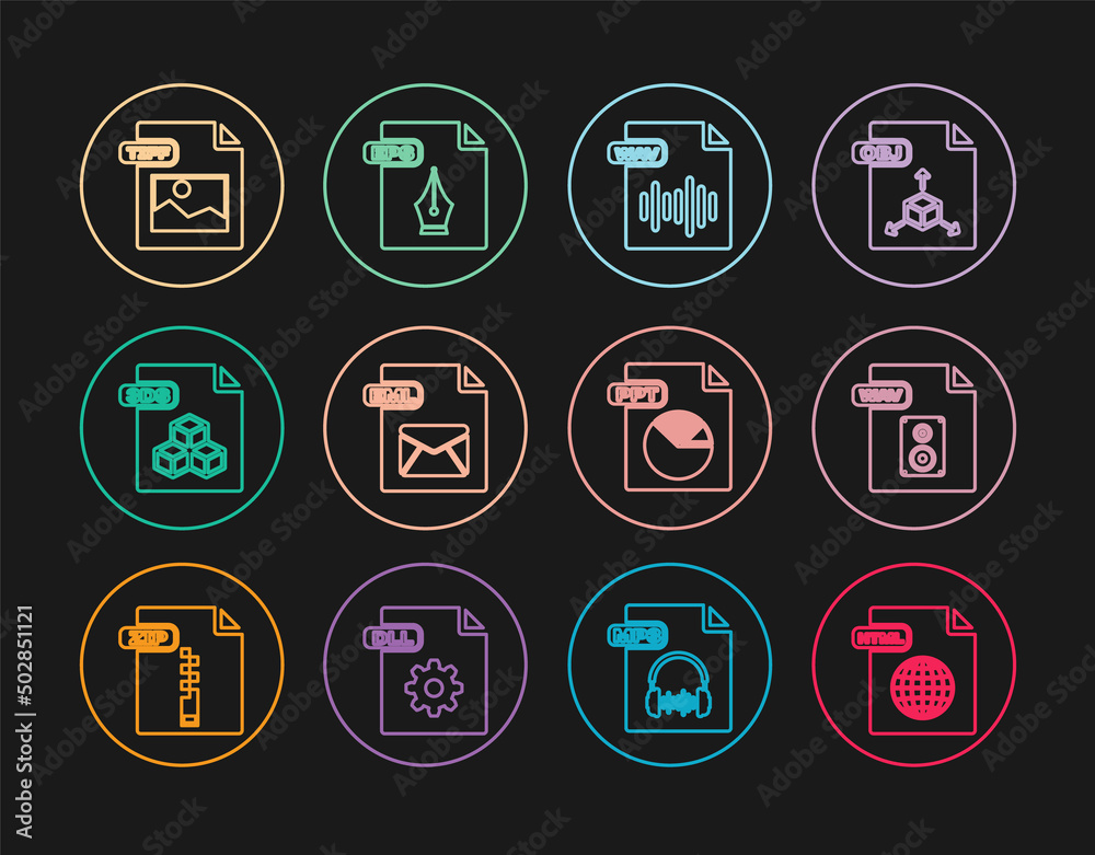 Set line HTML file document, WAV, EML, 3DS, TIFF, PPT and EPS icon. Vector Set line HTML file document, WAV, EML, 3DS, TIFF, PPT and EPS icon. Vector