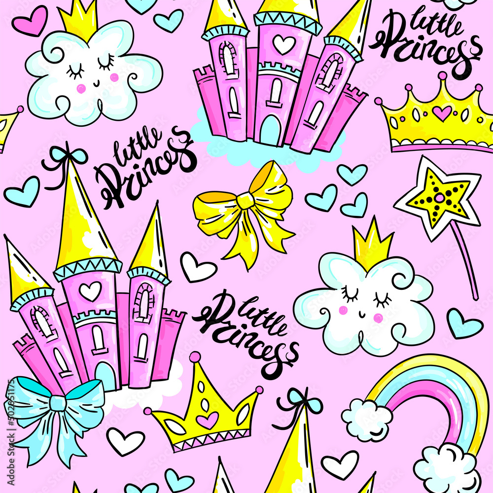 Fototapeta premium Cute Seamless Pattern for Princess girl with hearts, crown and other elements for girl on pink Background
