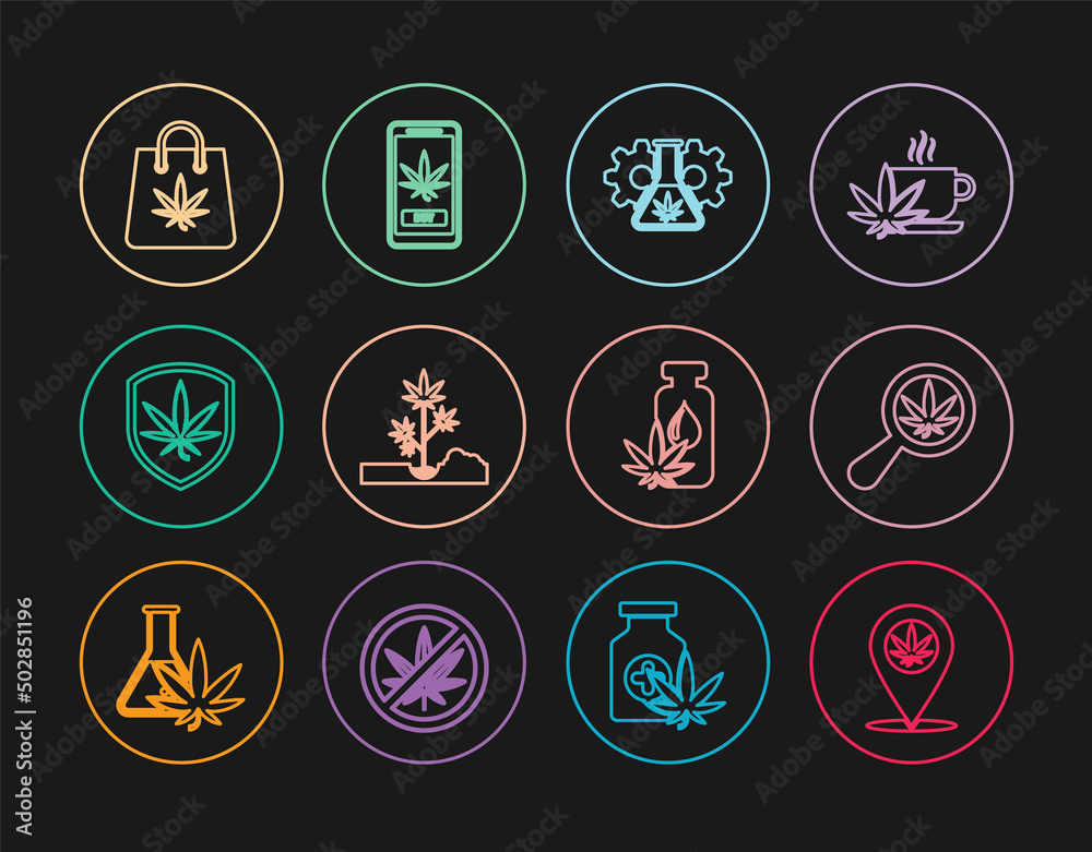 Set line Location and marijuana, Magnifying glass, Test tube with, Planting, Shield, Shopping bag of, Marijuana or cannabis leaf oil and Online buying icon. Vector Set line Location and marijuana, Magnifying glass, Test tube with, Planting, Shield, Shopping bag of, Marijuana or cannabis leaf oil and Online buying icon. Vector