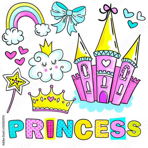 Set of cute stickers with hearts, crown, star, other elements for princess girl, Girlish elements in bright colors isolated on white background. Fashion patch in cartoon style.