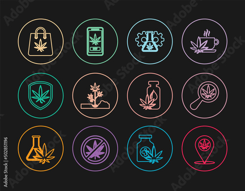 Set line Location and marijuana, Magnifying glass, Test tube with, Planting, Shield, Shopping bag of, Marijuana or cannabis leaf oil and Online buying icon. Vector