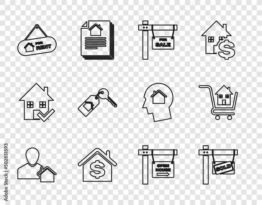 Set line Realtor, Hanging sign with Sold, For Sale, House dollar, Rent, key, Open house and Shopping cart icon. Vector Set line Realtor, Hanging sign with Sold, For Sale, House dollar, Rent, key, Open house and Shopping cart icon. Vector