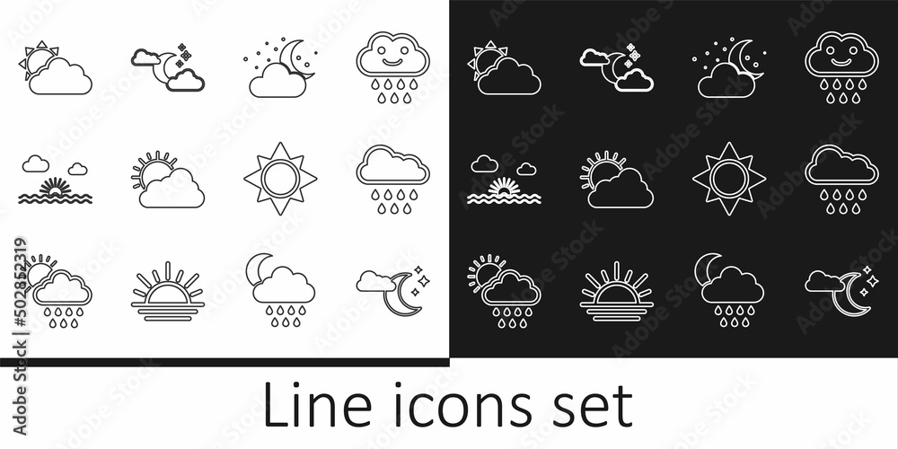 Set line Cloud with moon and stars, rain, Sun cloud weather, Sunset, and icon. Vector