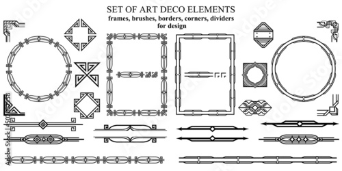 Set of art deco style elements. Geometric label items round and rectangular frames, corners, dividers. Pattern brushes with corner elements. Black isolated on white background.