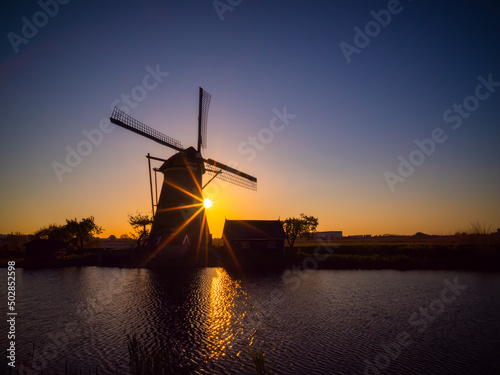 One of the windmills at Kinderdijk that are a group of 19 monumental windmills in the Alblasserwaard polder, in the province of South Holland, Netherlands.