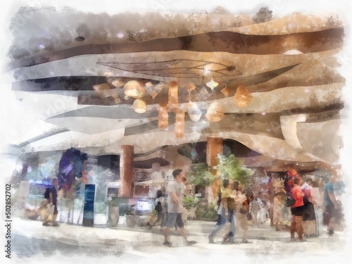 shopping mall landscape watercolor style illustration impressionist painting. © Kittipong