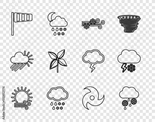 Set line Wind and sun, Cloud with snow rain, Cone windsock wind vane, Pinwheel, Tornado and lightning icon. Vector