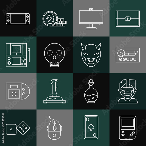 Set line Portable video game console, Virtual reality glasses, Create account screen, Computer monitor, Skull, and Mask of the devil with horns icon. Vector