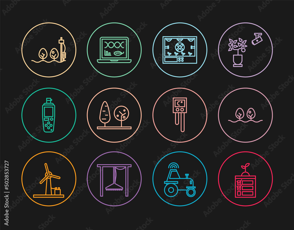 Set line Smart farming technology, Plant, Trees, Portable sensor, Standalone and plant, Temperature humidity and Genetic engineering modification icon. Vector Set line Smart farming technology, Plant, Trees, Portable sensor, Standalone and plant, Temperature humidity and Genetic engineering modification icon. Vector