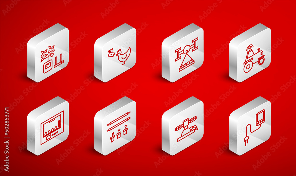 Set line Sensor, Chicken farm and camera, Smart with drone, Wireless tractor smart, Automatic irrigation sprinklers, farming technology, bulb plant and Incubator for eggs icon. Vector Set line Sensor, Chicken farm and camera, Smart with drone, Wireless tractor smart, Automatic irrigation sprinklers, farming technology, bulb plant and Incubator for eggs icon. Vector