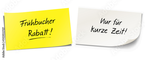 Haftnotiz Set mit Handschrift: Frühbucher Rabatt!- Nur für kurze Zeit!
