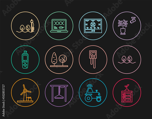 Set line Smart farming technology, Plant, Trees, Portable sensor, Standalone and plant, Temperature humidity and Genetic engineering modification icon. Vector
