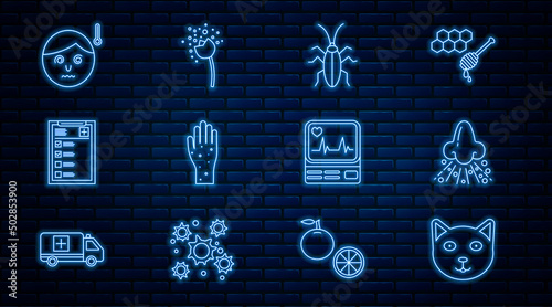 Set line Pet, Runny nose, Cockroach, Hand with psoriasis or eczema, Clinical record, High human body temperature, Monitor cardiogram and Flower producing pollen icon. Vector