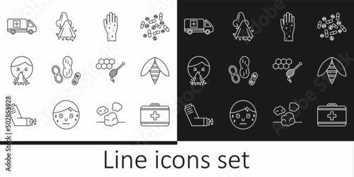 Set line First aid kit, Bee, Hand with psoriasis or eczema, Peanut, Handkerchief to his runny nose, Emergency car, Honeycomb honey dipper and Runny icon. Vector