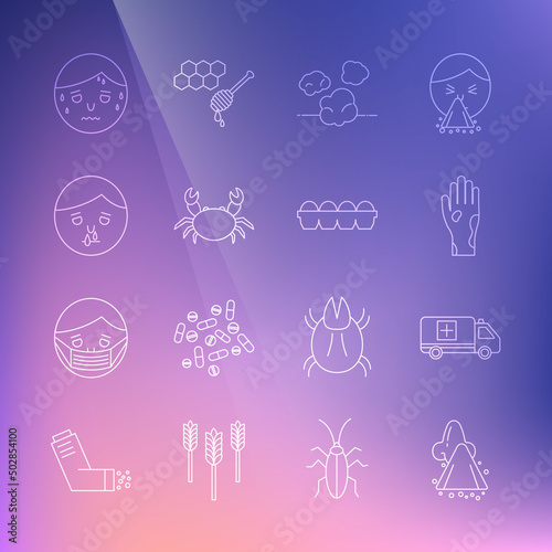 Set line Runny nose, Emergency car, Hand with psoriasis or eczema, Dust, Crab, Man excessive sweating and Chicken egg box icon. Vector