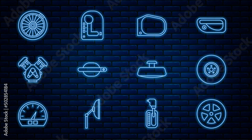 Set line Car wheel, brake disk, mirror, door handle, engine, and Gear shifter icon. Vector
