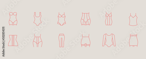 Shapewear line icons. Shaping bodysuit, thigh slimmer, leggings, waist control panties vector illustration.