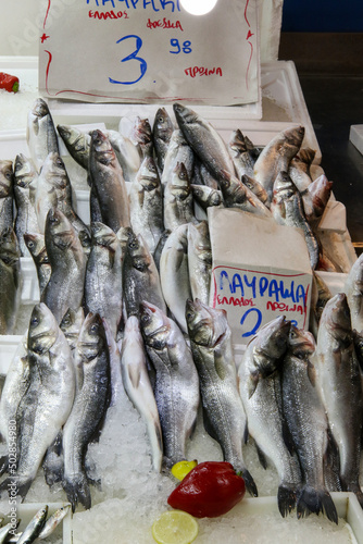 Fresh fish on ice for sale at the Central Municipal Market (called the Varvakeios), Athens, Greece