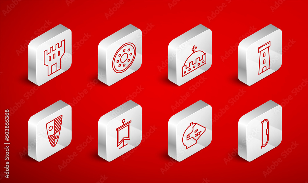Set line Medieval bow, Round wooden shield, King crown, Castle tower, iron helmet, flag and Shield icon. Vector Set line Medieval bow, Round wooden shield, King crown, Castle tower, iron helmet, flag and Shield icon. Vector