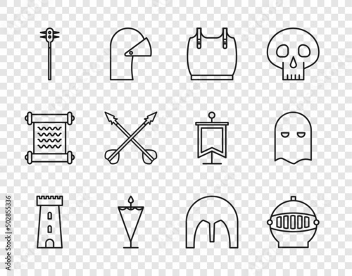 Set line Castle tower, Medieval iron helmet, Body armor, flag, chained mace ball, crossed arrows, and Executioner mask icon. Vector